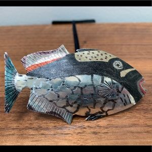 Sterling silver fish brooch with etching and hand painted